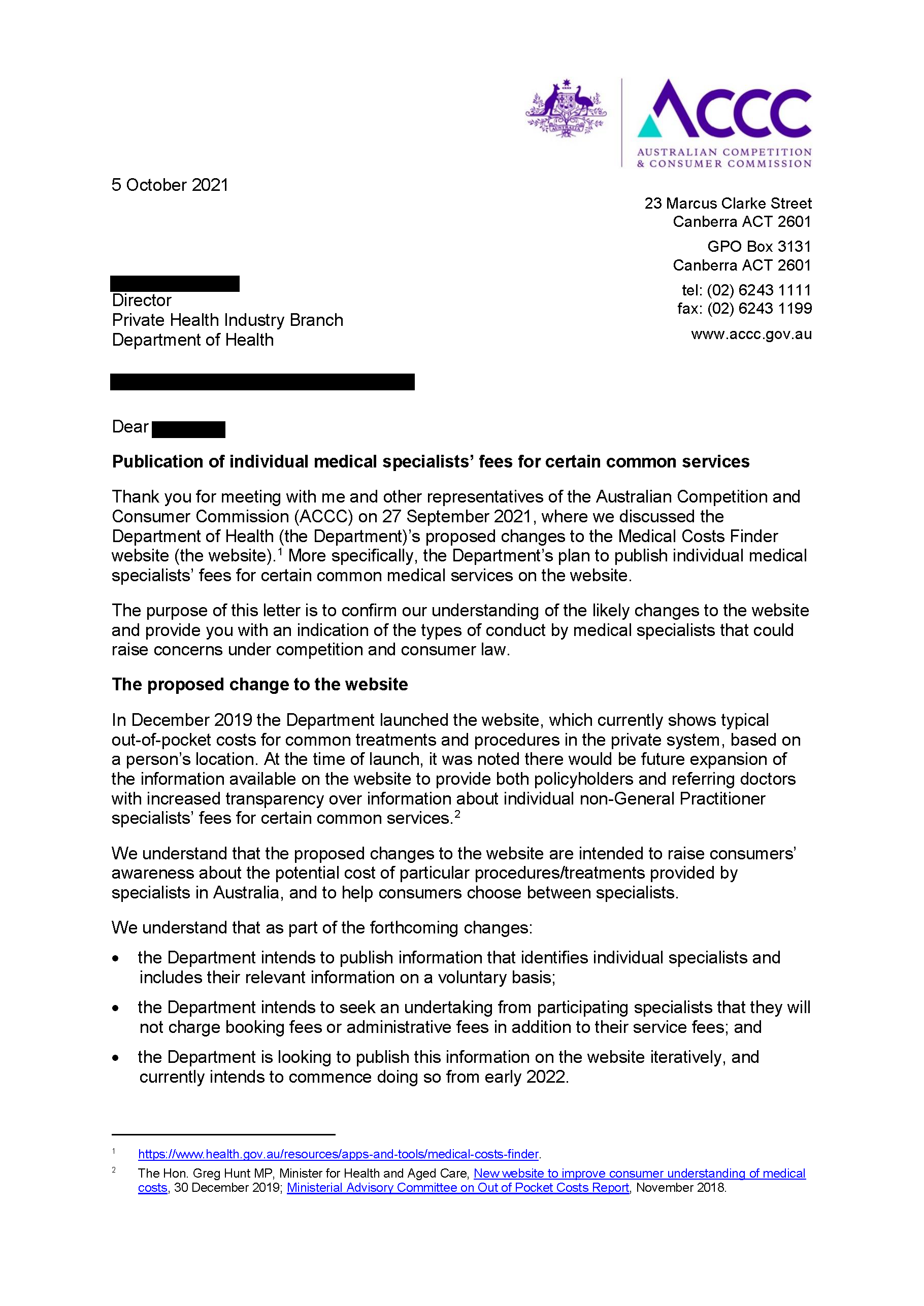 ACCC position on Medical Costs Finder website