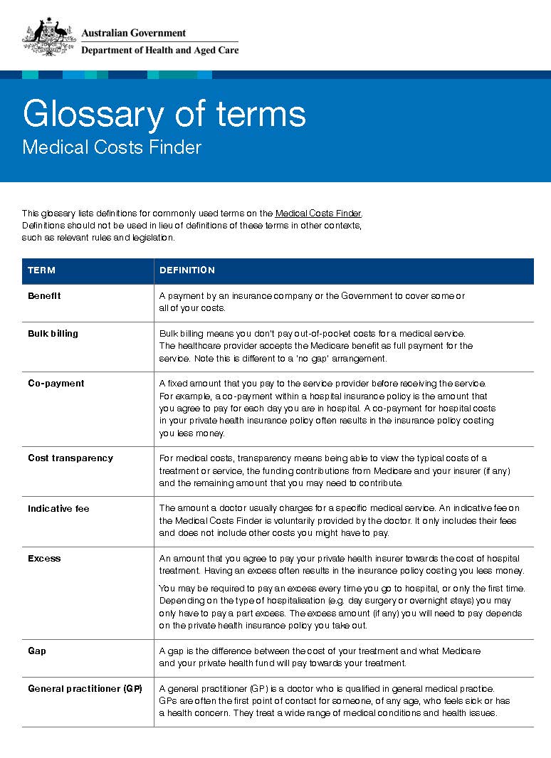 Medical Costs Finder – glossary of terms